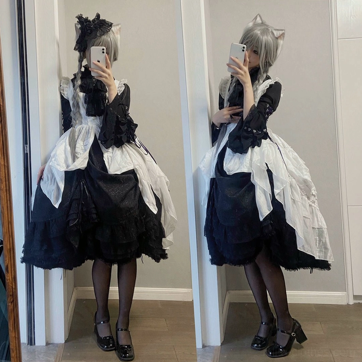 Short gothic lolita skirt front view displaying 42cm length, elastic waistband with drawstring adjustment, 360-degree ruffled hem with lace overlay, and refined gothic silhouette