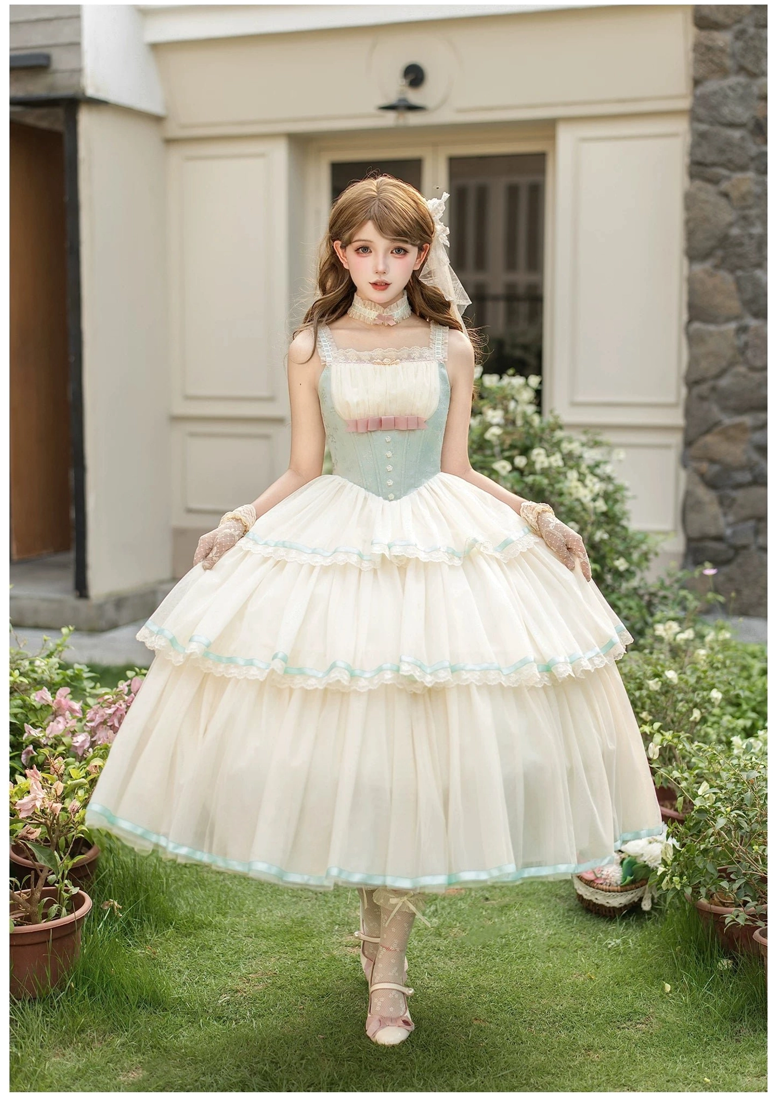 Short classic lolita corset JSK dress single model full front view mint green bodice cream tulle