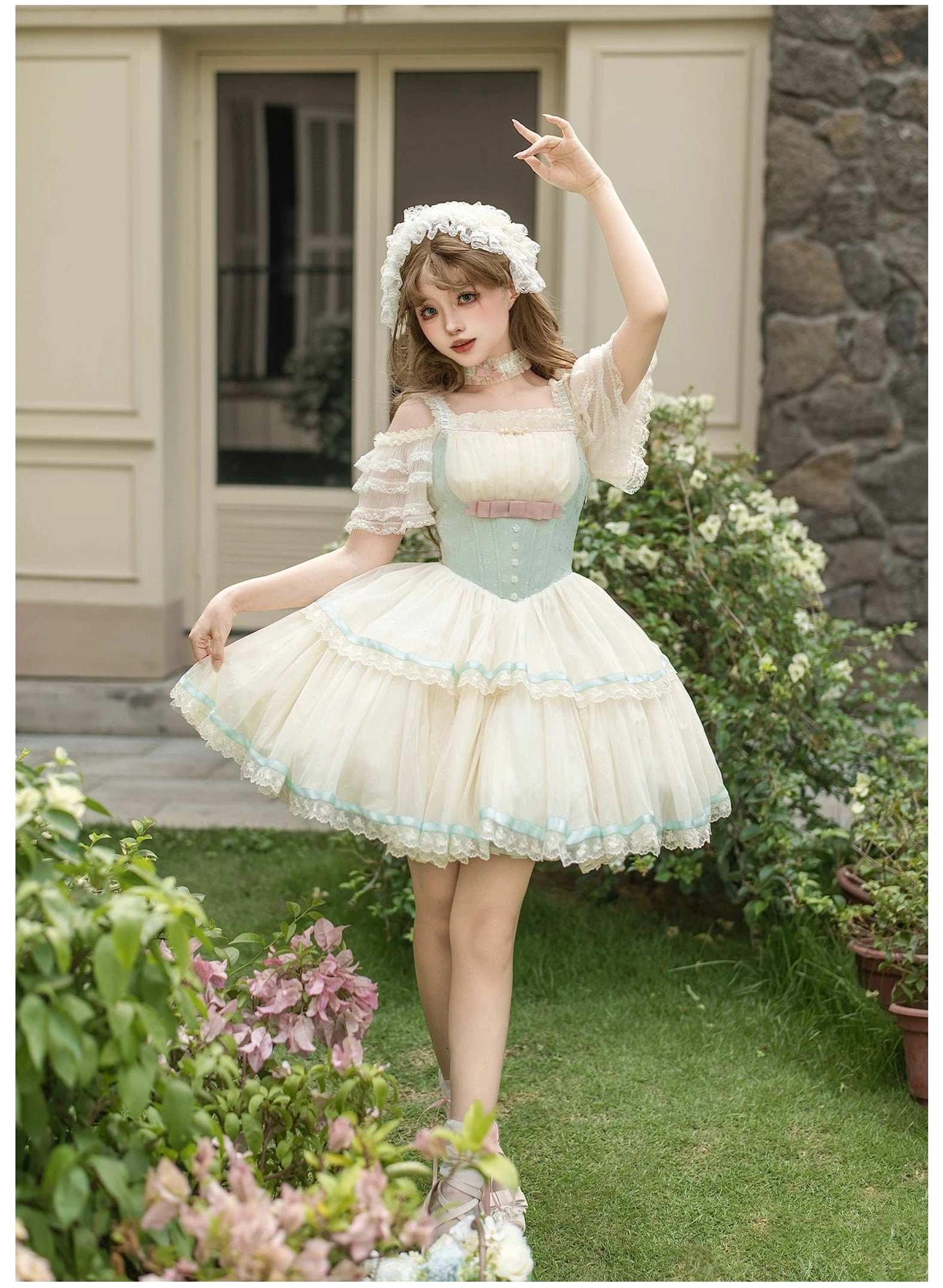 Short classic lolita JSK dress dynamic side view garden blooming flowers off-shoulder square neckline