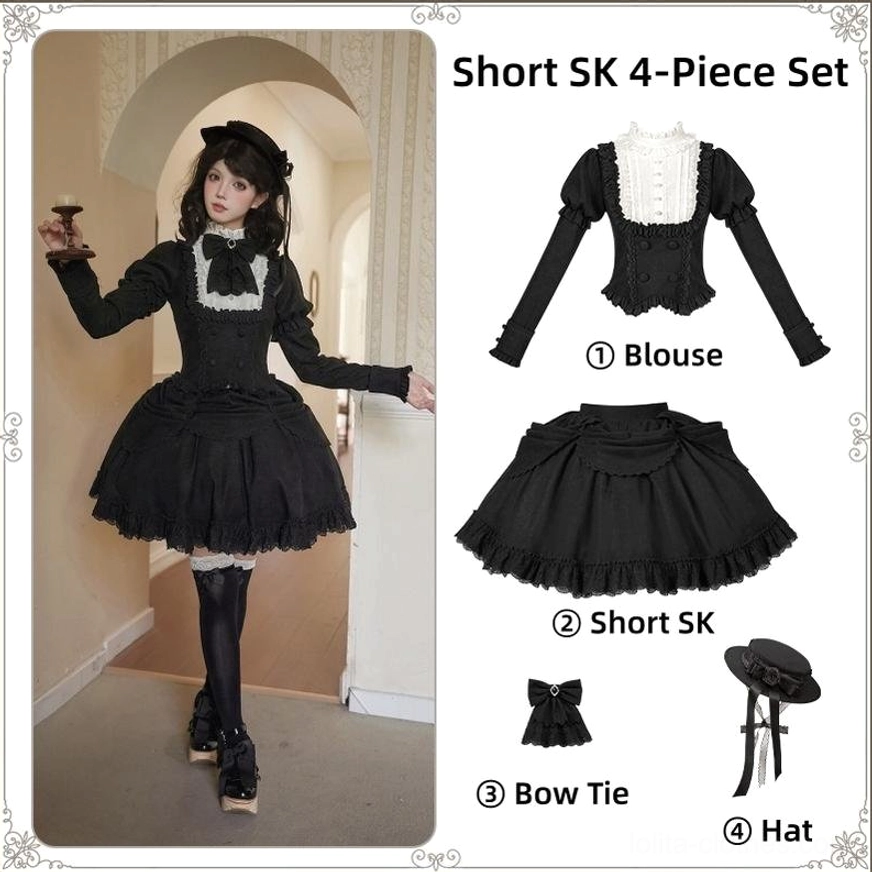 Split product layout: left shows single model wearing short SK four-piece lolita set with detachable shaping drape panel and vintage juliet long sleeves in vintage indoor hallway; right side displays flat lay of all components including blouse, short ruffled skirt, bow tie and boater hat