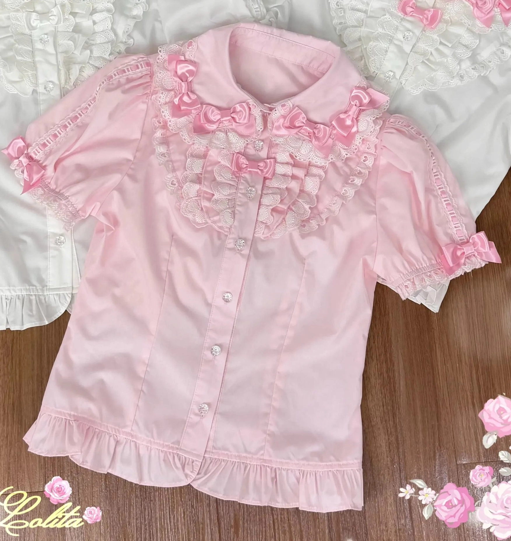 Short sleeve blouse for old school lolita jsk coordinate in soft pink with matching pink ribbon bows, showing breathable cotton construction ideal for warm season sweet lolita wear