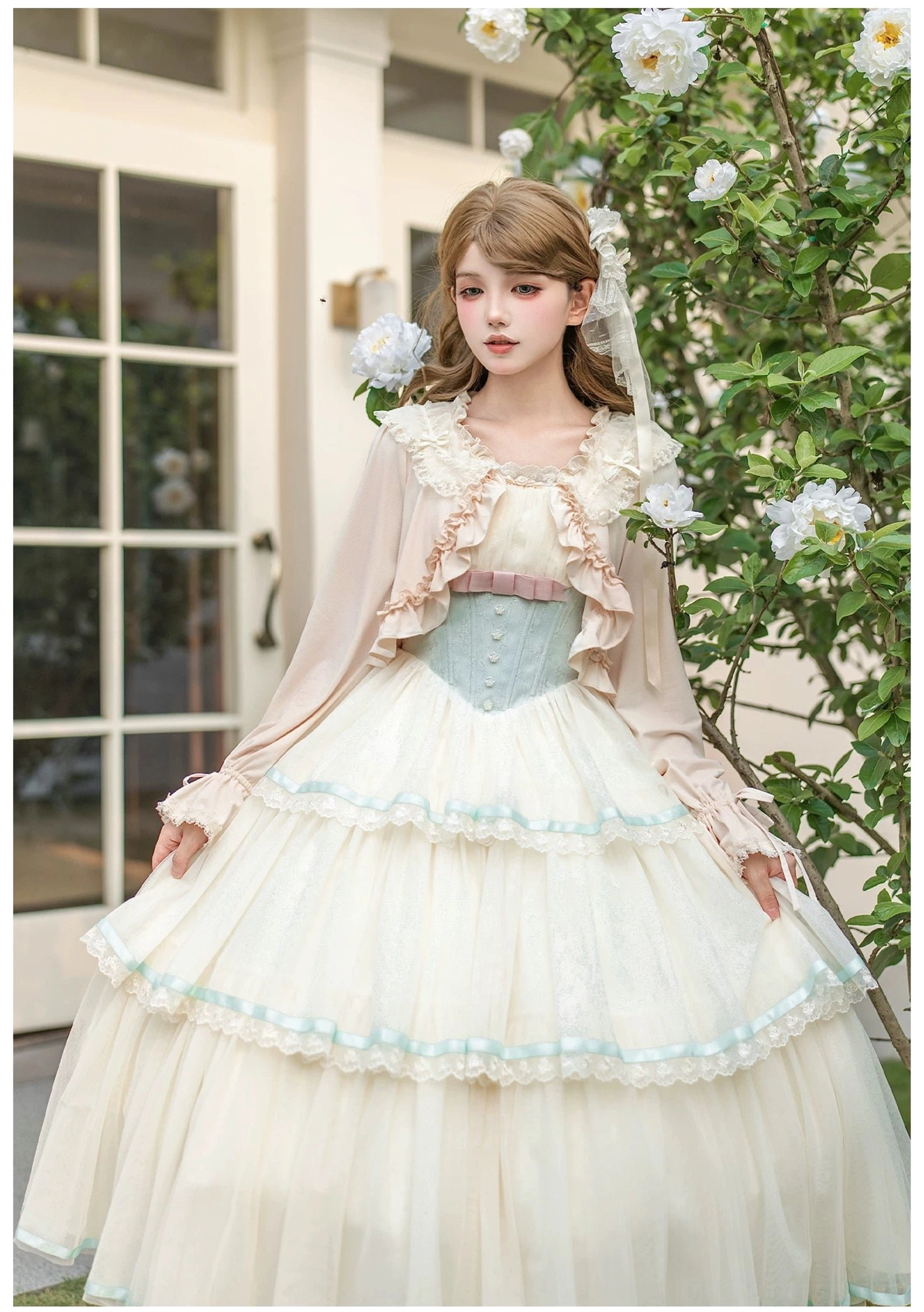 Short sleeve dotted tulle inner top chiffon lining layered lolita construction detail