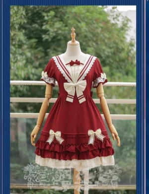 Short-sleeve wine red dull red sailor sweet lolita OP dress with sailor collar, front decorative bow, and elaborate ruffled lace hem on mannequin outdoor display
