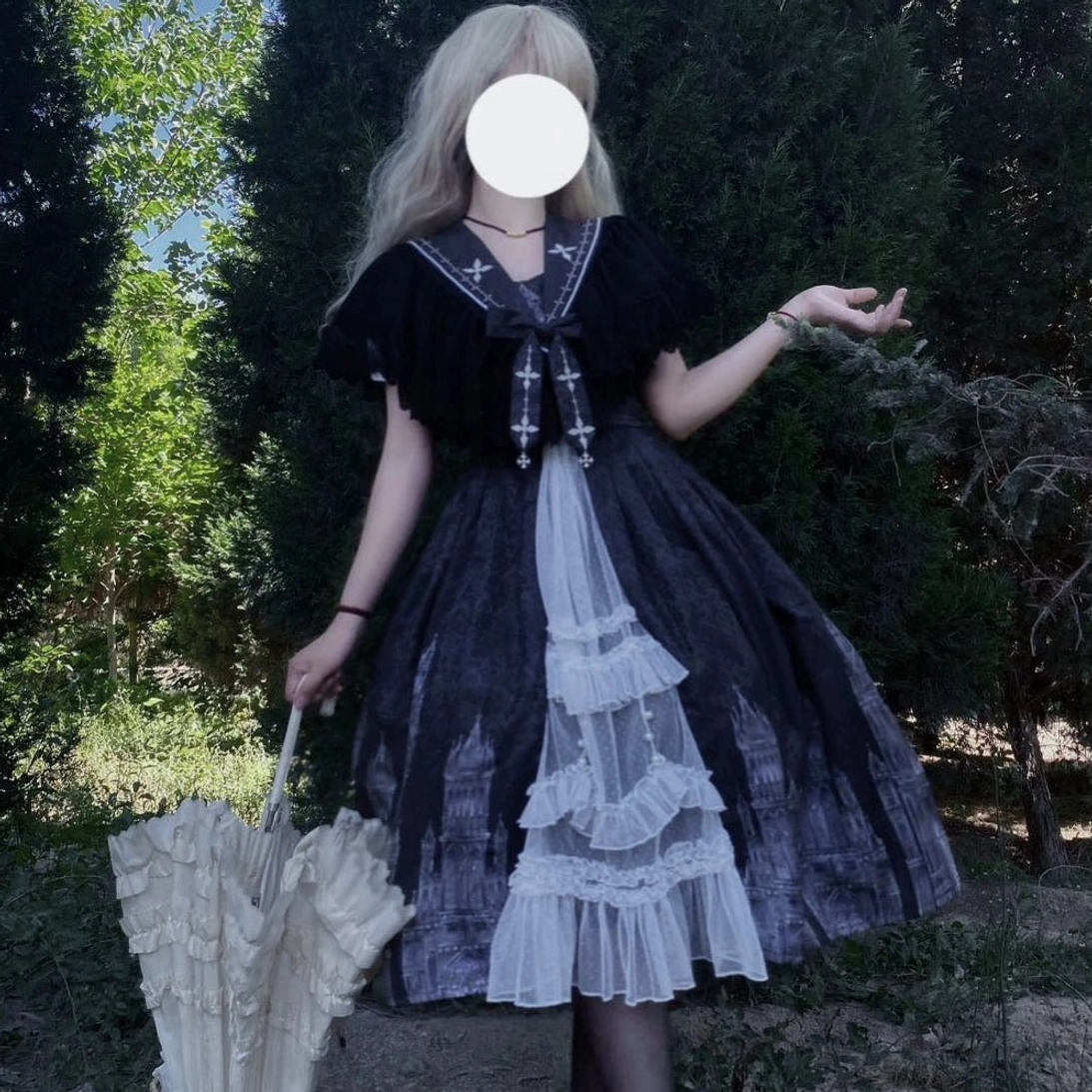 Silent Church Gothic Lolita JSK dress cardigan shawl crossbow lace trim detail