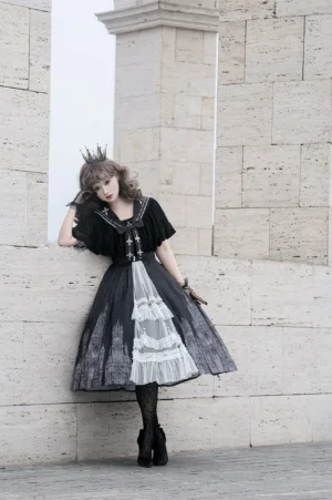 Gothic Lolita jumper skirt three-quarter side view stone building outdoor photoshoot