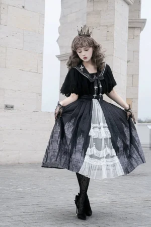 Silent Church Gothic Lolita JSK dress with cardigan shawl set full front view European stone architecture