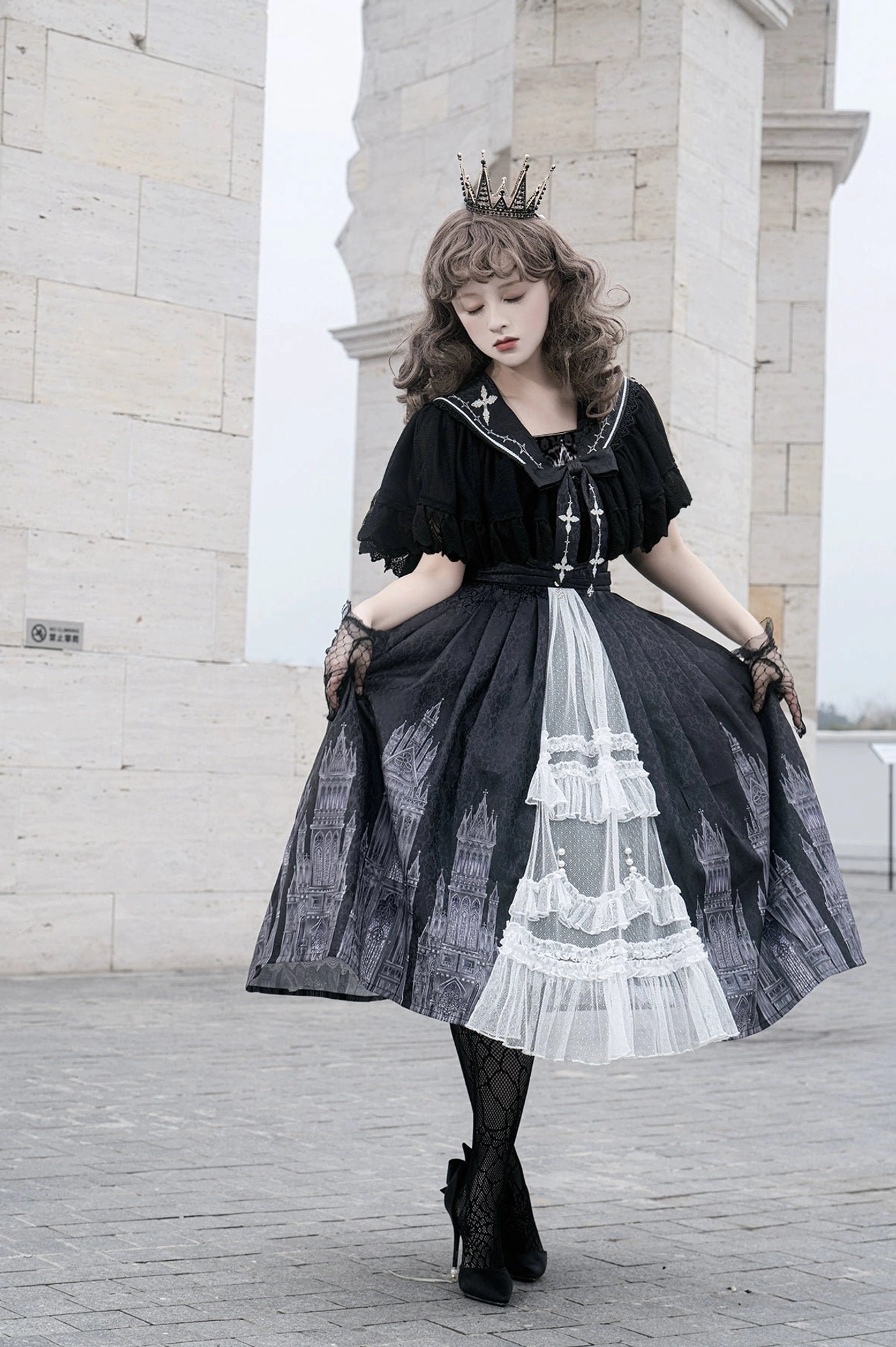 Silent Church Gothic Lolita JSK dress with cardigan shawl set full front view European stone architecture