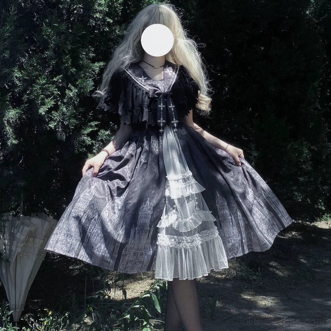 Silent Church Gothic Lolita JSK dress full front cypress forest grey church print