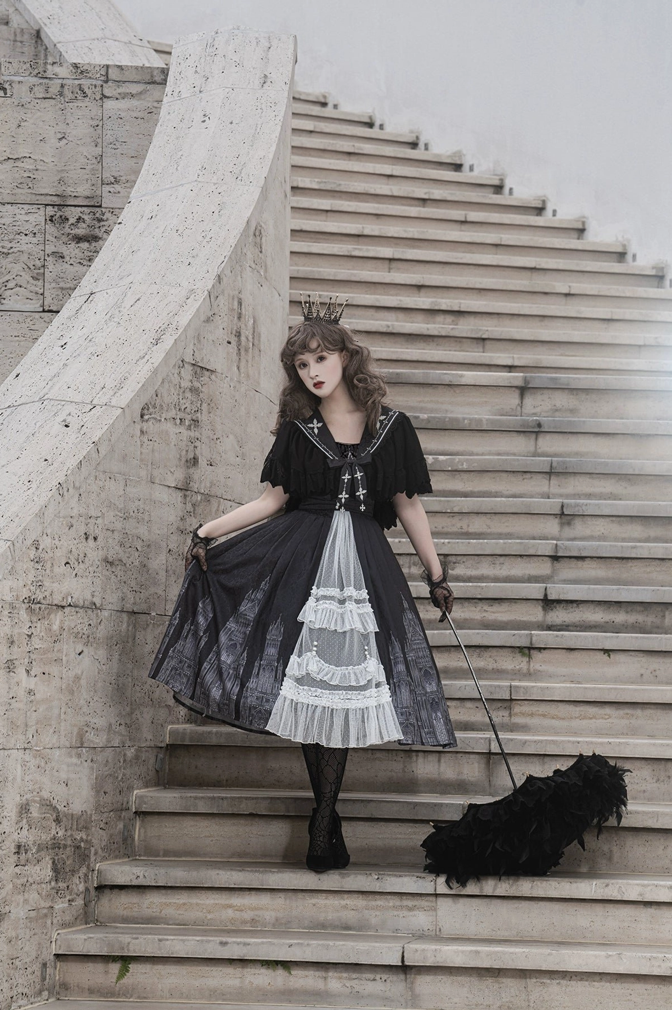 Silent Church Gothic Lolita JSK dress three-quarter front staircase view cross chest decoration
