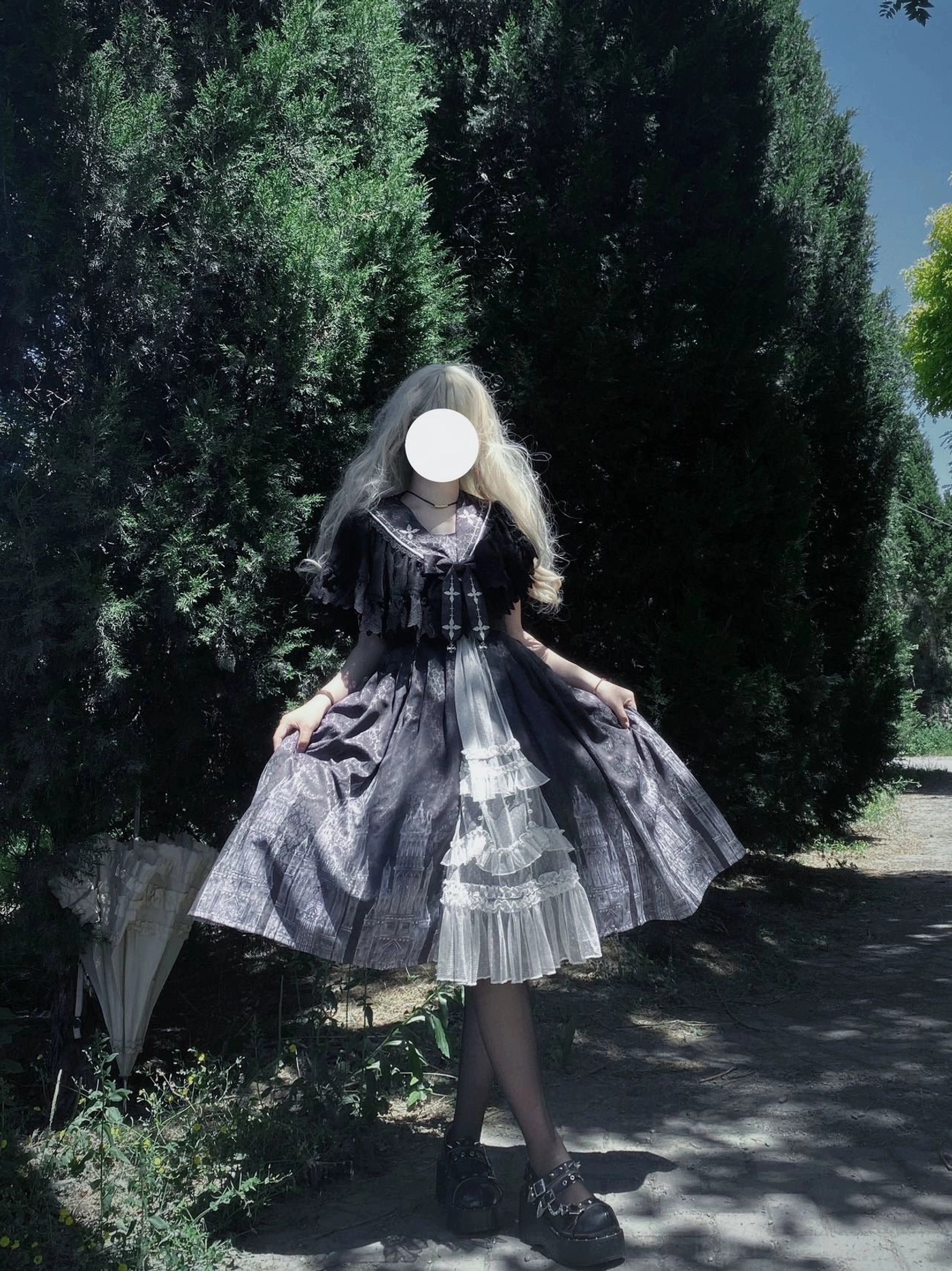 Silent Church Gothic Lolita JSK dress three-quarter side view flared white lace panel forest