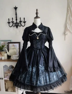Silent Night gothic lolita JSK dress with silver church print and pearl chest pendant displayed on dress form, frontal view showing black base fabric with cathedral architecture motif