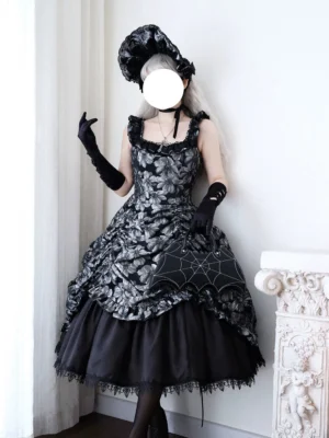Silver-black gothic lolita floral jacquard JSK dress front three-quarter angle showing drawstring ruched bodice square neckline lift-up lace hem with spiderweb clutch bonnet