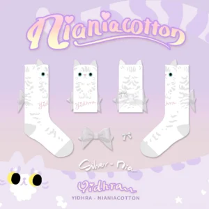 Silver-Dia series white base cat lolita socks with tiger stripe print and detachable bows on light purple background