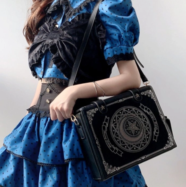 Silver foil black starry grimoire lolita crossbody clamshell bag with luxurious leather finish and celestial design embellishment
