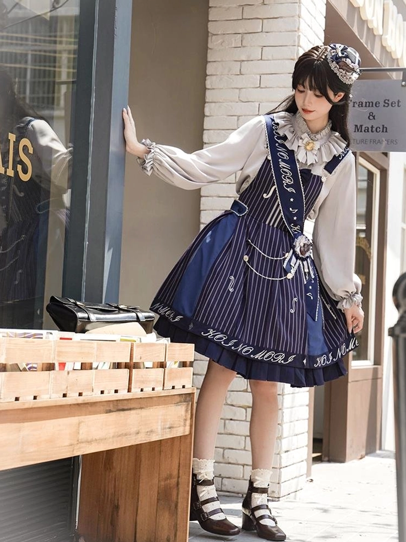Silver gray French style blouse coordinating with violin preppy Lolita salopette removable collar flowers and cuff bow decorations