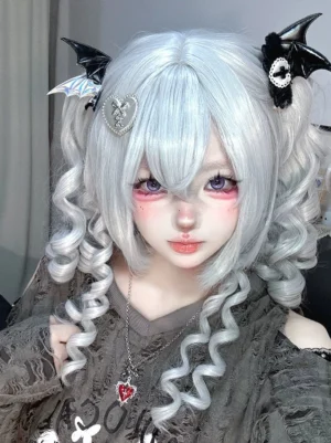 Silver gray gothic lolita wig with detachable spiral curl ponytails front view close-up featuring uneven layered Roman curls and face-framing air bangs perfect for anime cosplay