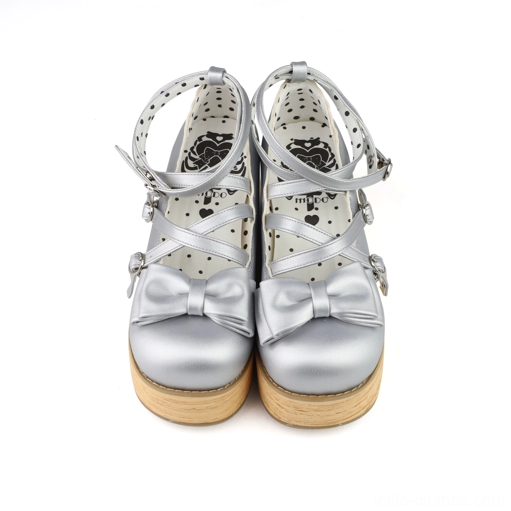 Silver sweet lolita platform mary jane shoes full product view metallic smooth leather bow cross ankle strap buckle mechanism thick wooden platform sole detail
