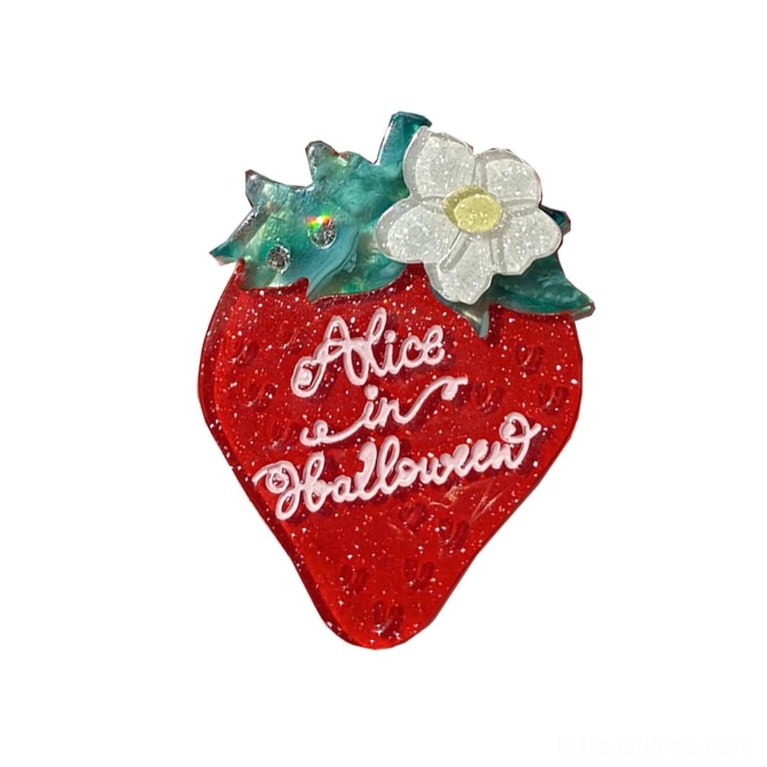 Single glitter red strawberry brooch pendant lolita accessory with white flower green leaf decoration