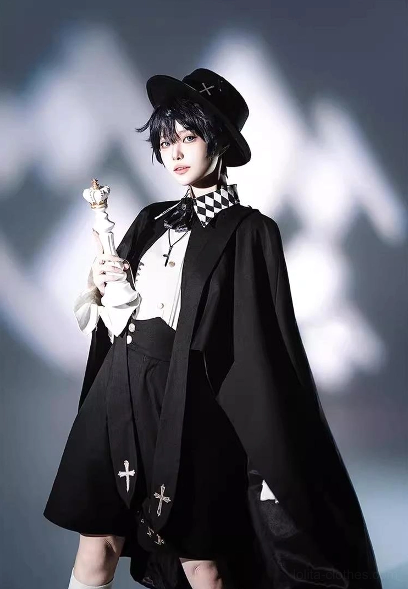 Single ouji lolita prince full outfit full body front perspective black cape cross embroidery navy blouse black patched trousers