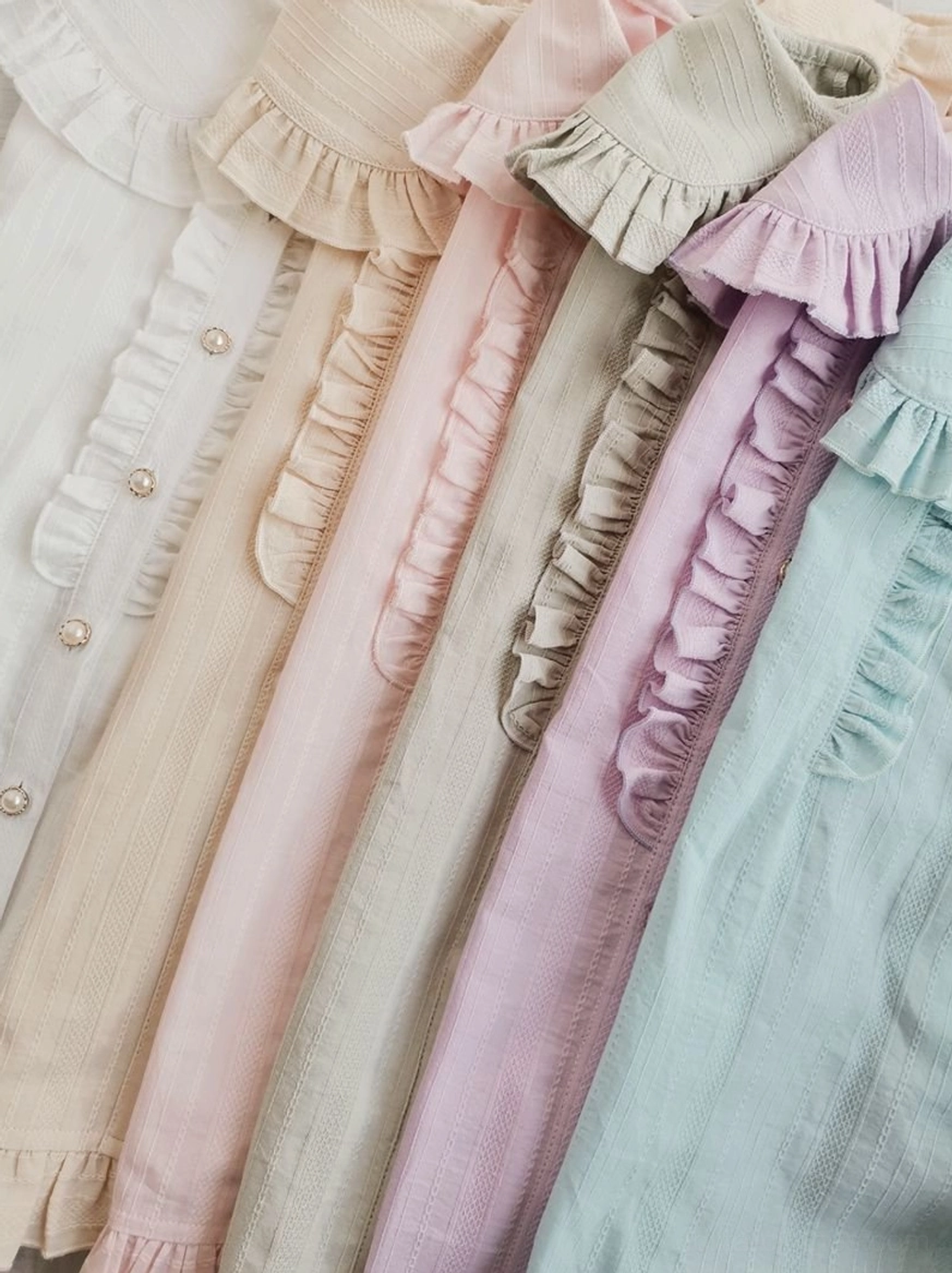 Six color collection of cotton Lolita blouse series flat lay off-white beige light pink light gray lavender purple mint green ruffled collar design