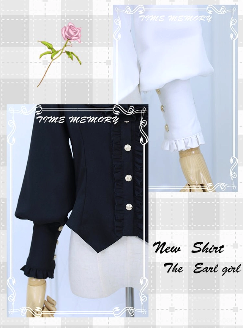 Size chart graphic showing Lolita blouse measurements in centimeters and inches with fit recommendations