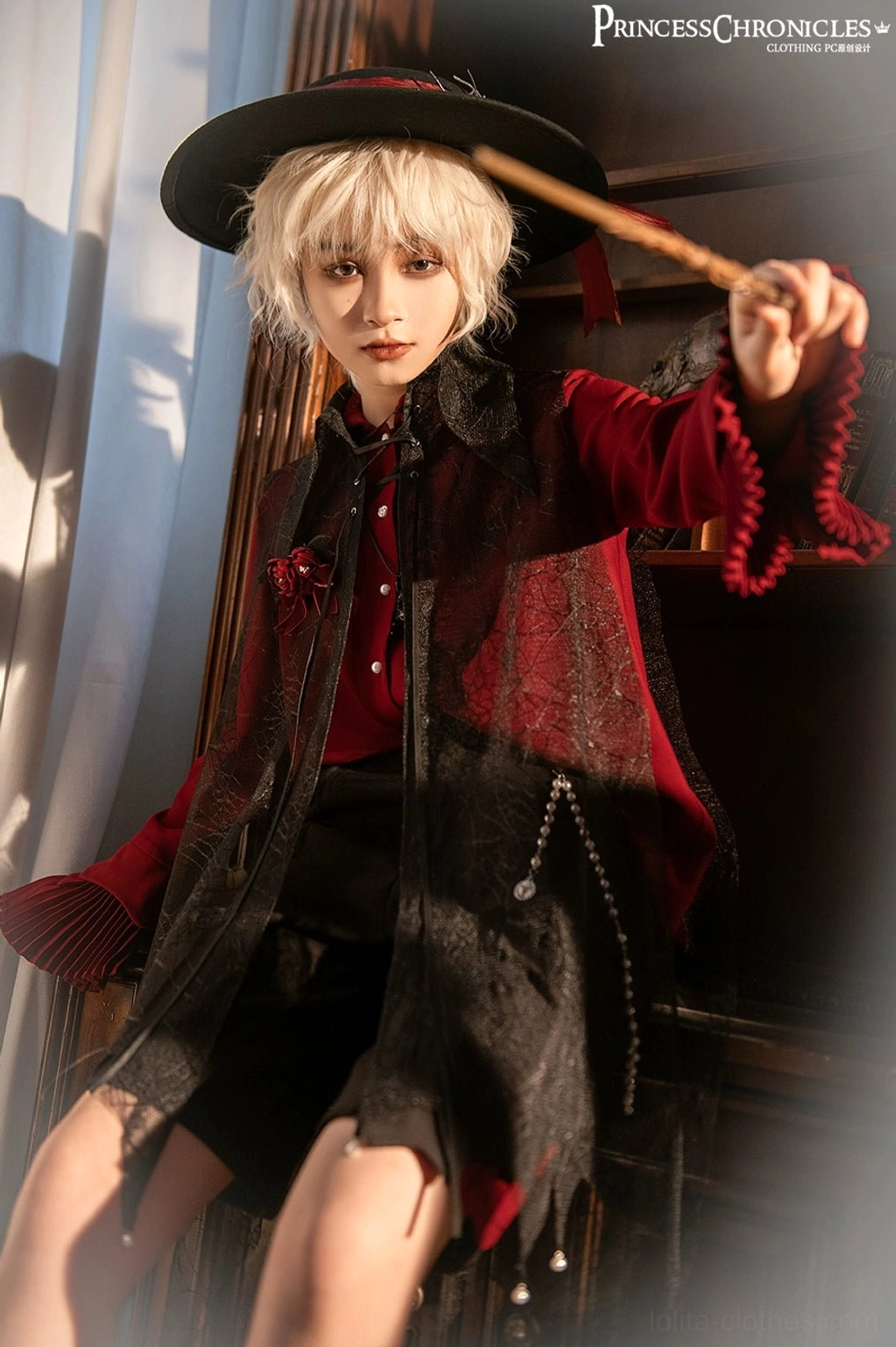 Ouji ruffled shirt black color masculine gentleman cut size L full-body front view gothic