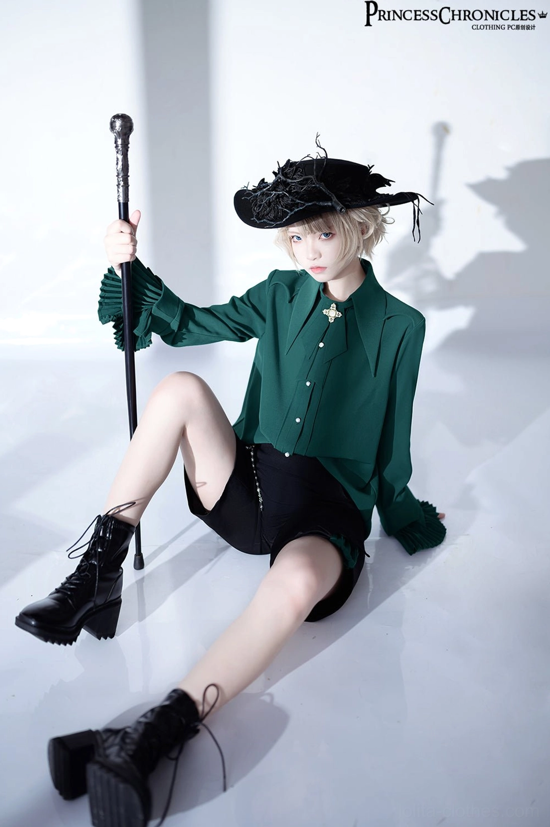 Black Ouji ruffled shirt masculine gentleman cut size L full-body standing view gothic style