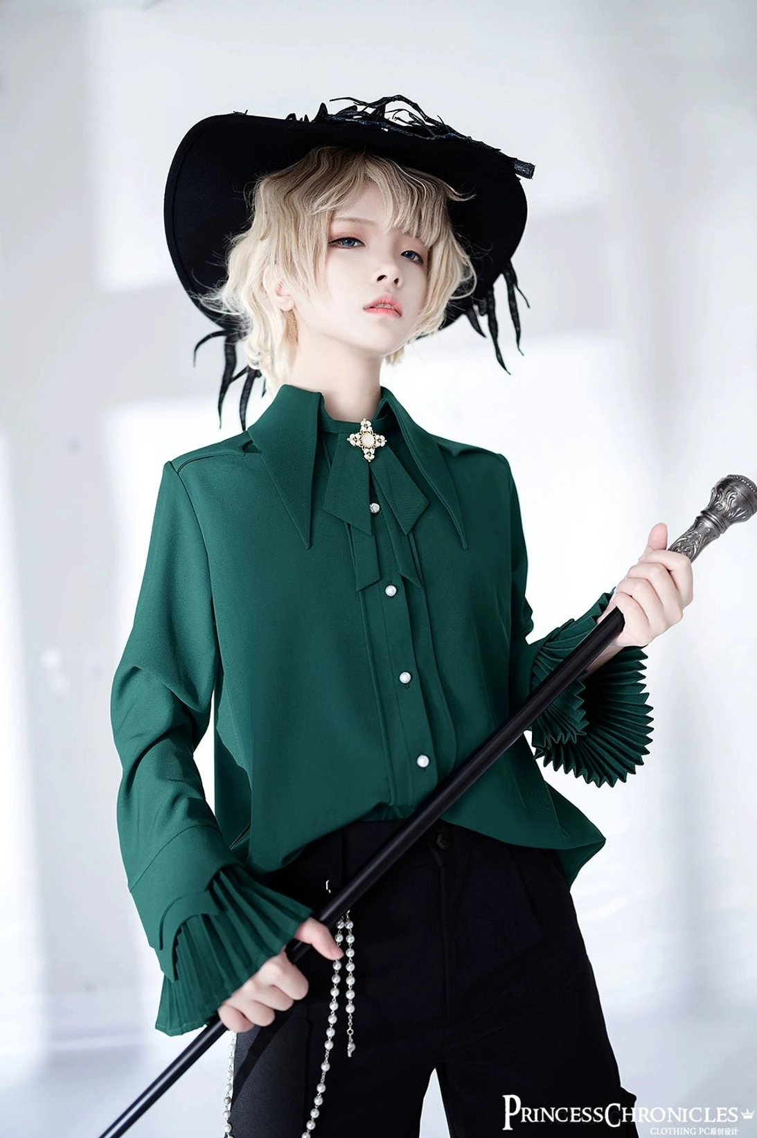 Ouji ruffled shirt black color size L masculine cut full-body front view gentleman aesthetic