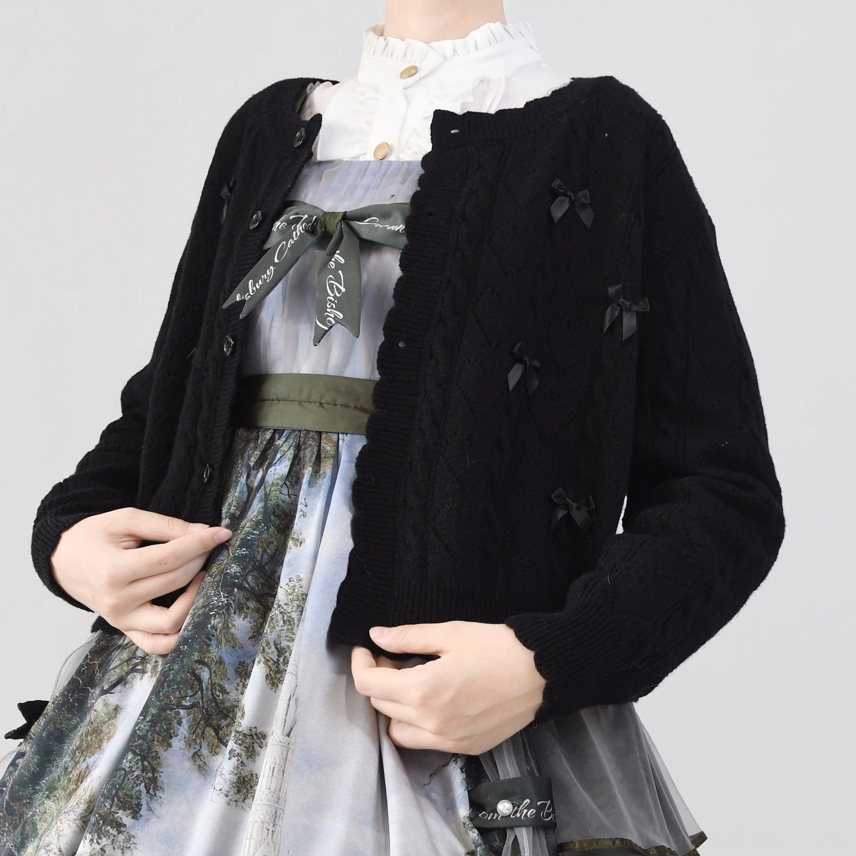 Size L dark brown hollow out Lolita cardigan model wearing, demonstrating comfortable fit and styling with Lolita accessories