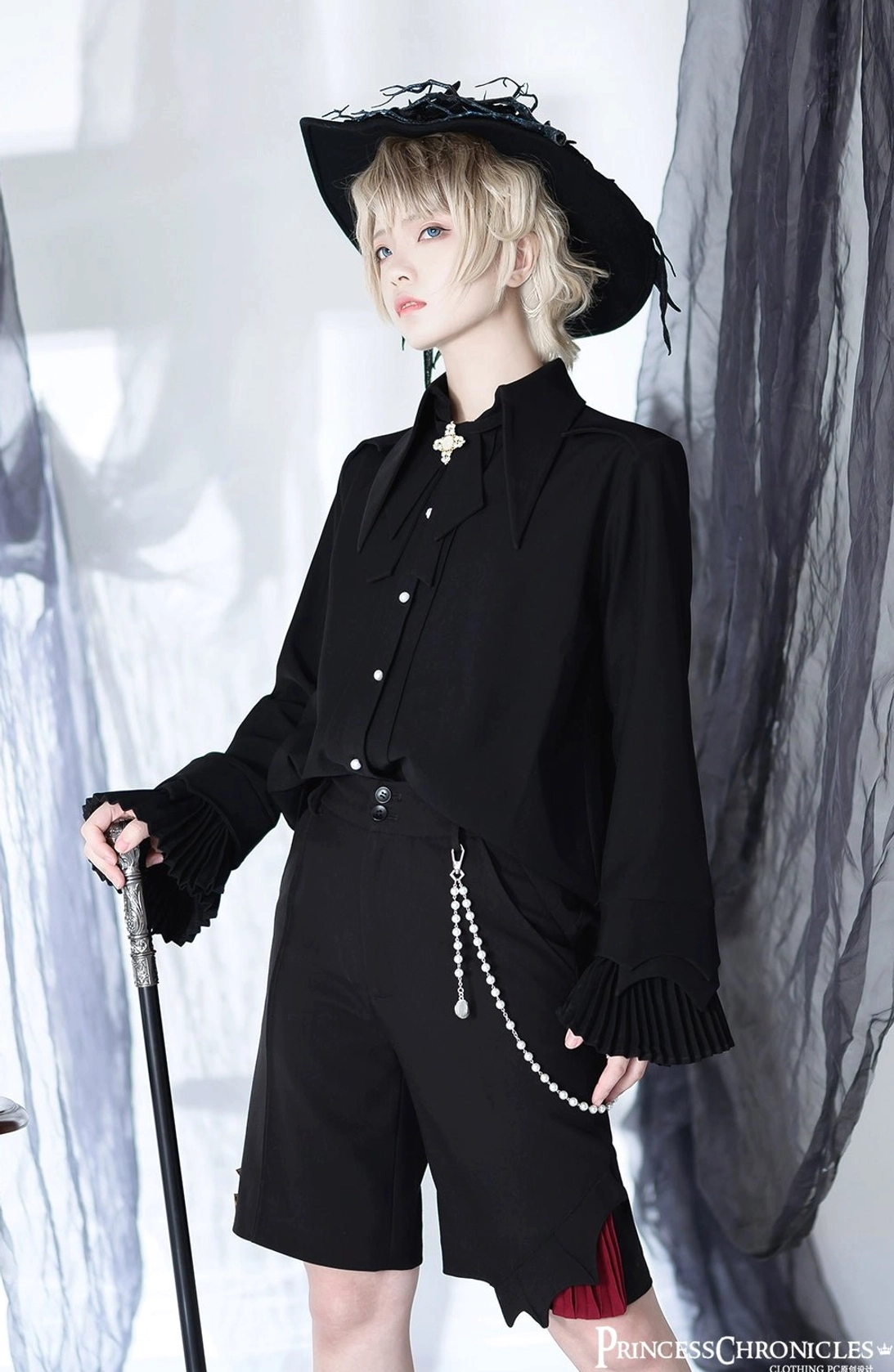 Ouji ruffled long sleeve shirt dark green color masculine cut size L full-body view