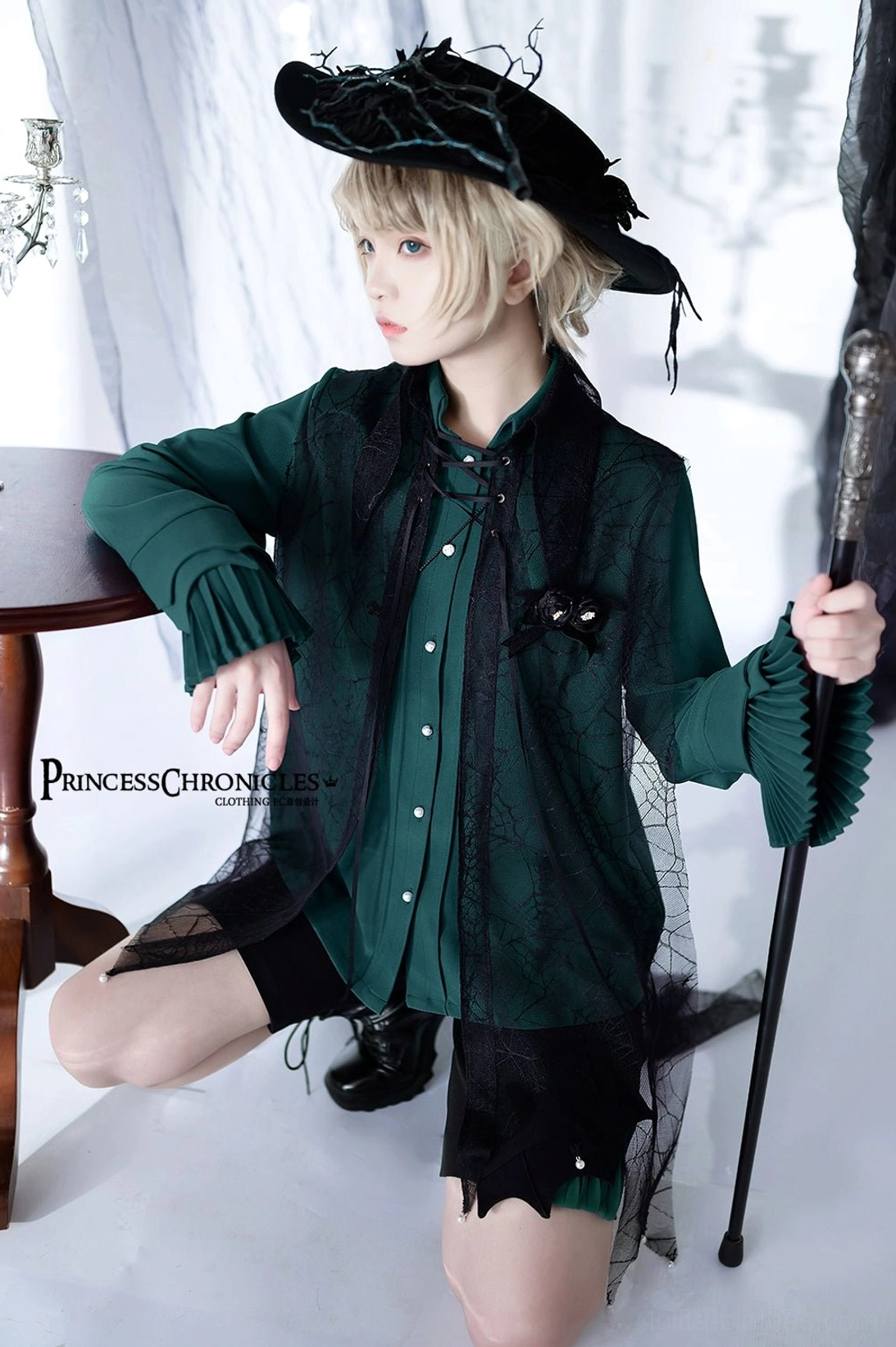 Ouji ruffled shirt dark green color masculine cut size L gentleman style full-body front view