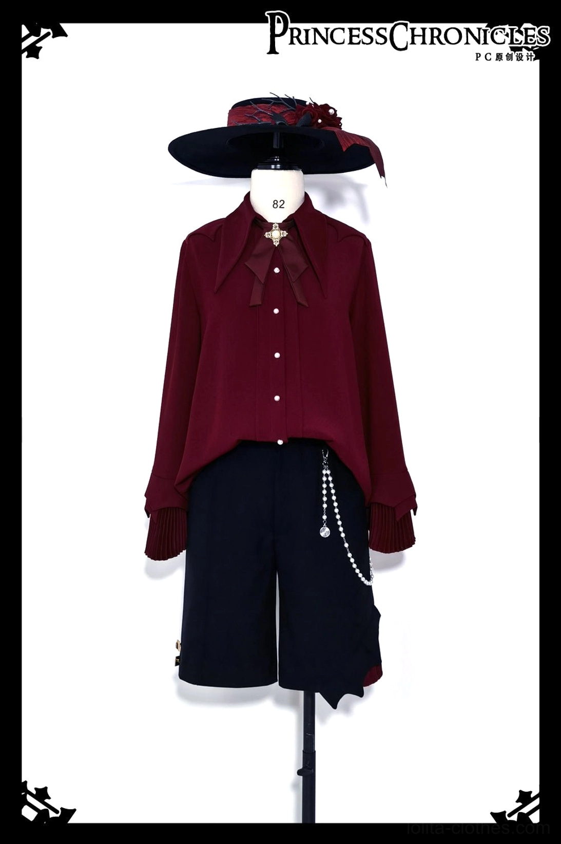 Wine red Ouji long sleeve gentleman shirt ruffled masculine cut size L full-body view