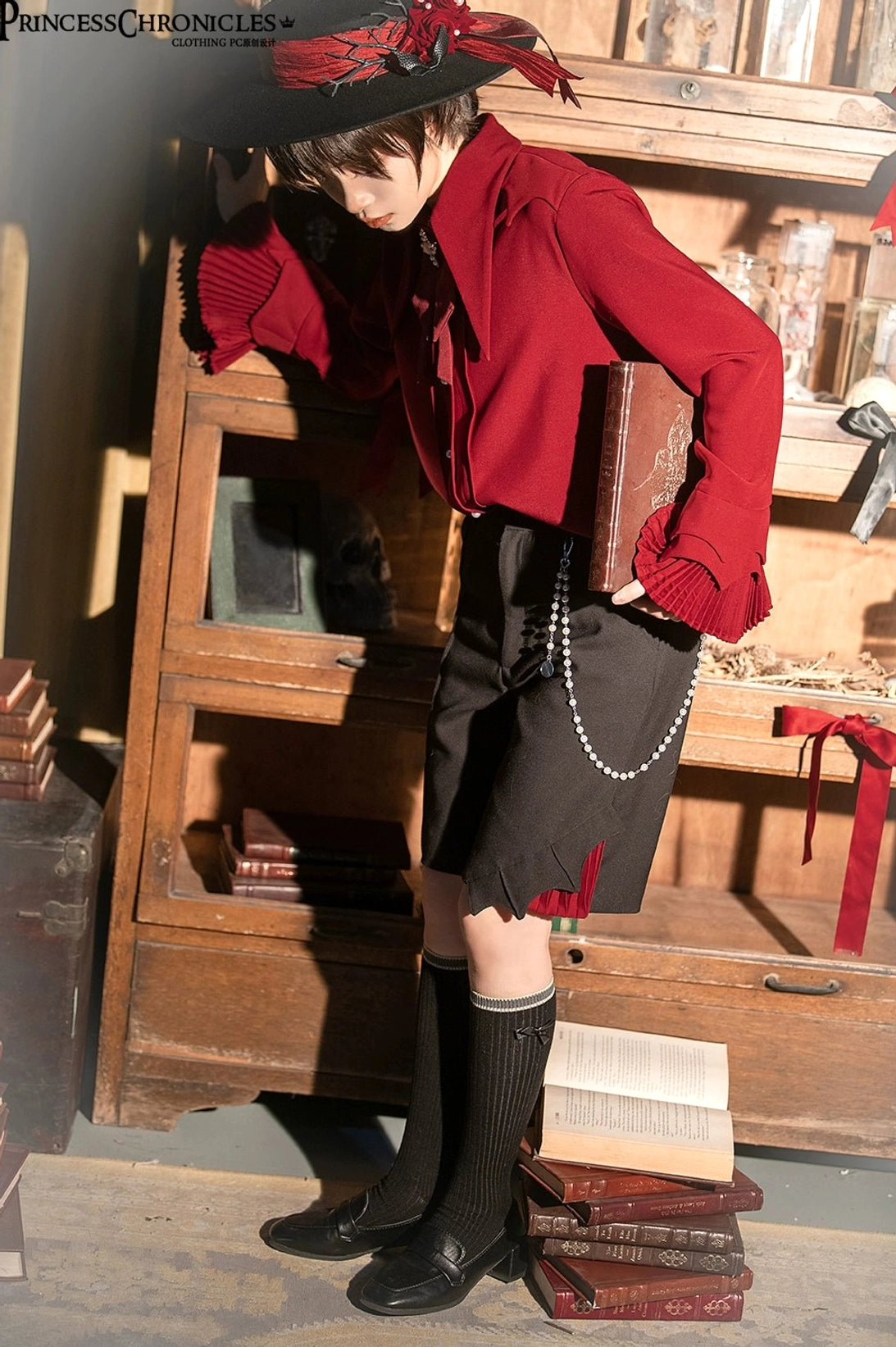 Wine red Ouji long sleeve shirt size L full front view irregular pointed collar architectural design