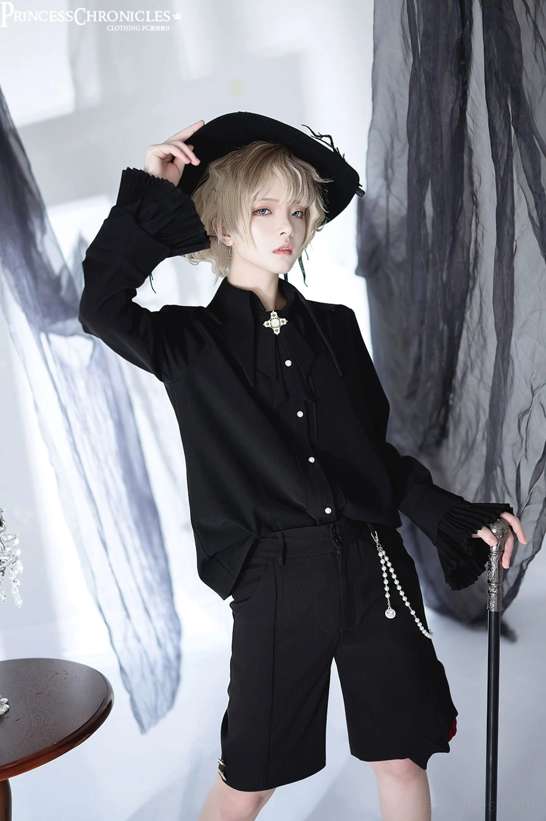 Ouji gentleman shirt wine red color masculine cut size L full-body standing view ruffled