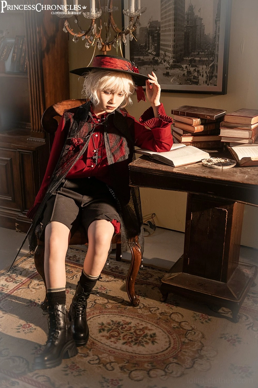 Wine red Ouji long sleeve ruffled gentleman shirt masculine cut size L full-body view