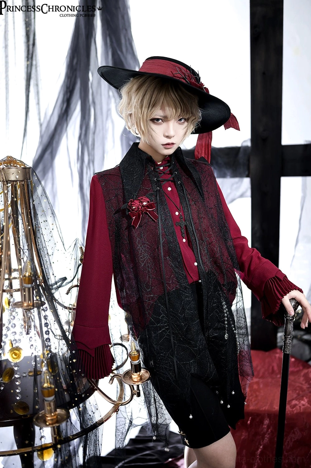 Black Ouji long sleeve shirt size M full front view irregular pointed collar ruffled sleeves