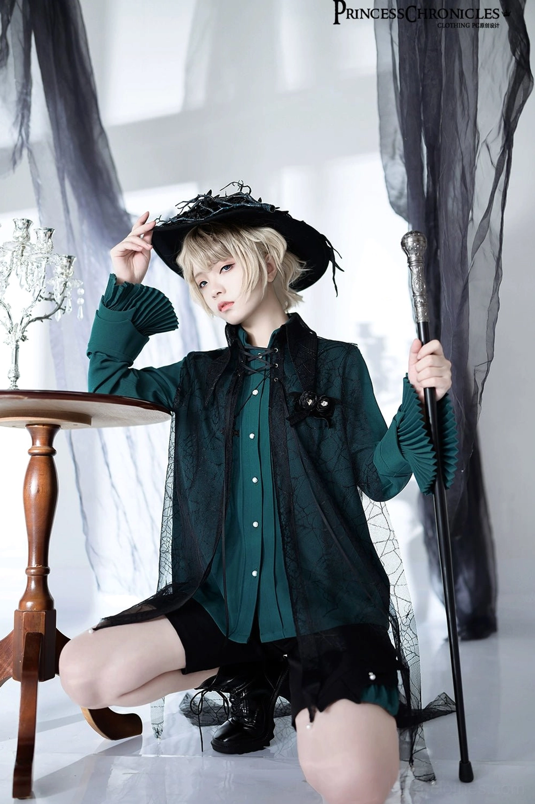 Ouji ruffled shirt black color masculine cut size M full-body standing view gentleman fashion