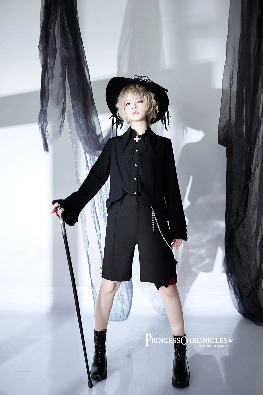 Black Ouji long sleeve ruffled shirt size M full front view irregular collar gentleman style