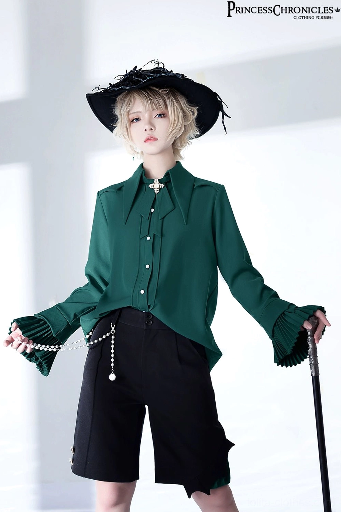 Ouji ruffled long sleeve shirt dark green color masculine cut size M full-body standing