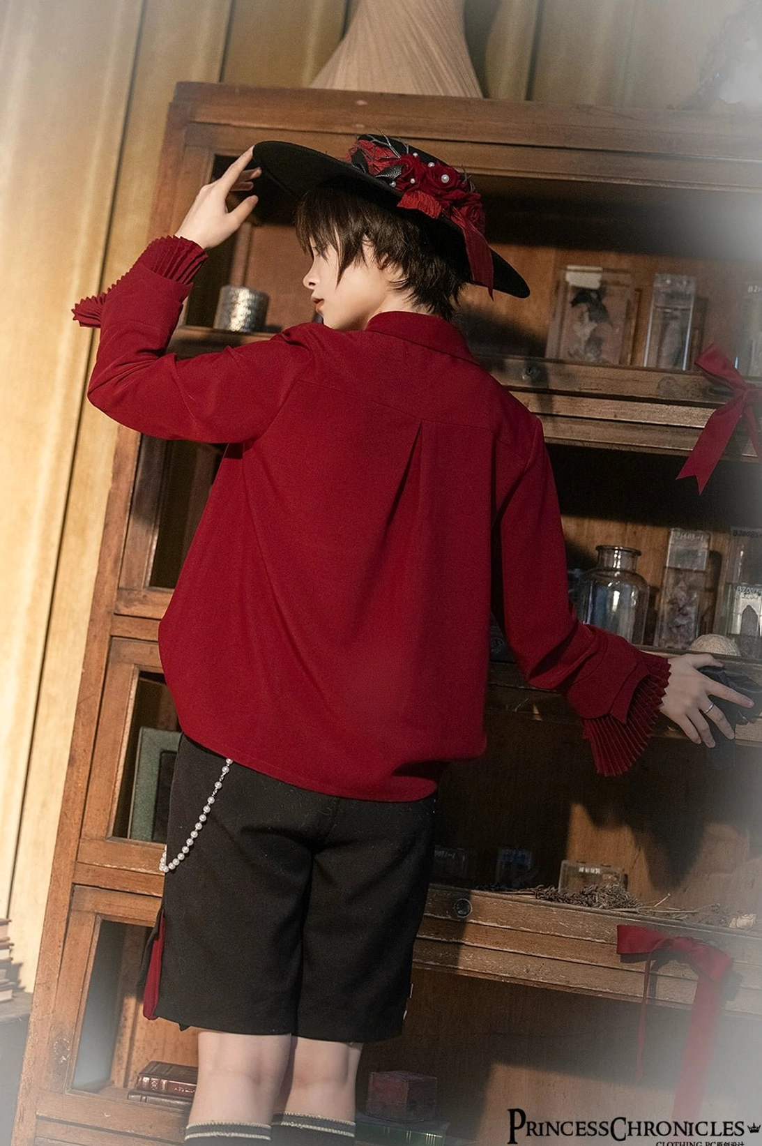 Wine red Ouji long sleeve ruffled shirt size M full front view stand collar gentleman aesthetic