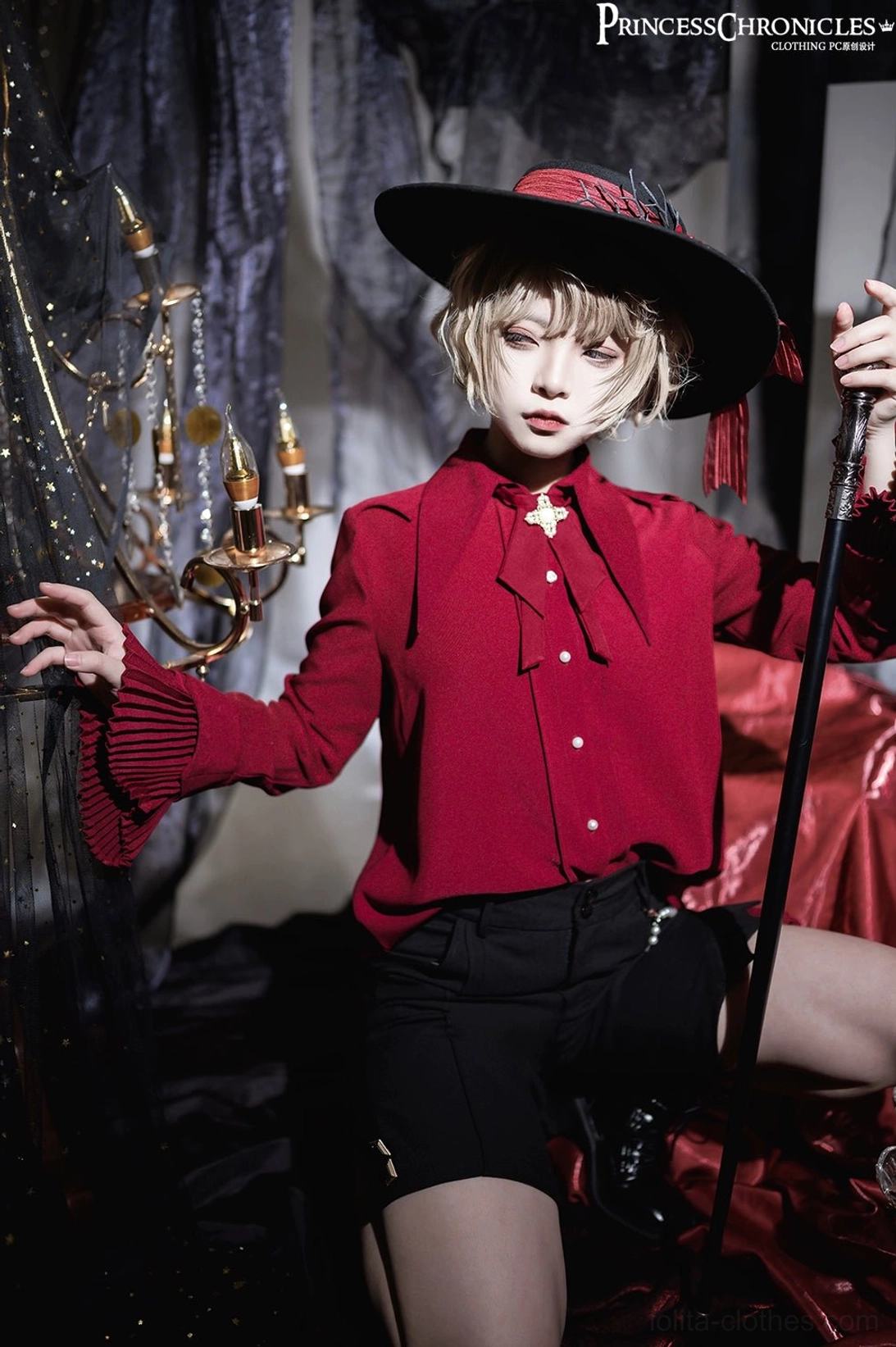 Wine red Ouji ruffled gentleman long sleeve shirt masculine cut size M full-body view