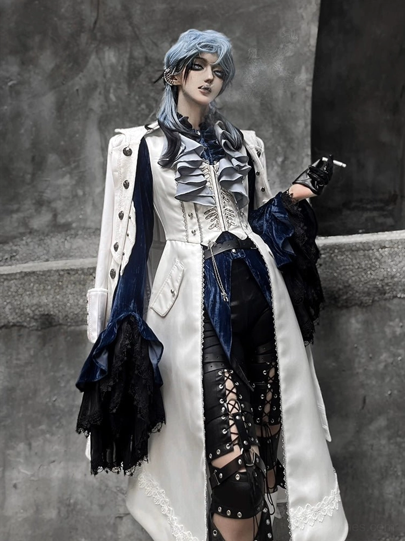 Skeletal Elegance Ouji Lolita ensemble detailed close-up fishbone embroidered vest texture hand-stitched pattern