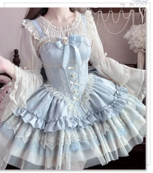 Sky blue ballet-style sweet lolita mini JSK dress with tiered ruffles, lace trim, corset bodice, and trailing satin bow - close-up front view