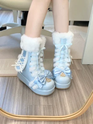 Mirror reflection of sky-blue fluffy bunny ear platform boots worn on model's legs, displaying white fur collar, front lace-up design, polka dot blue bow, and thick platform sole