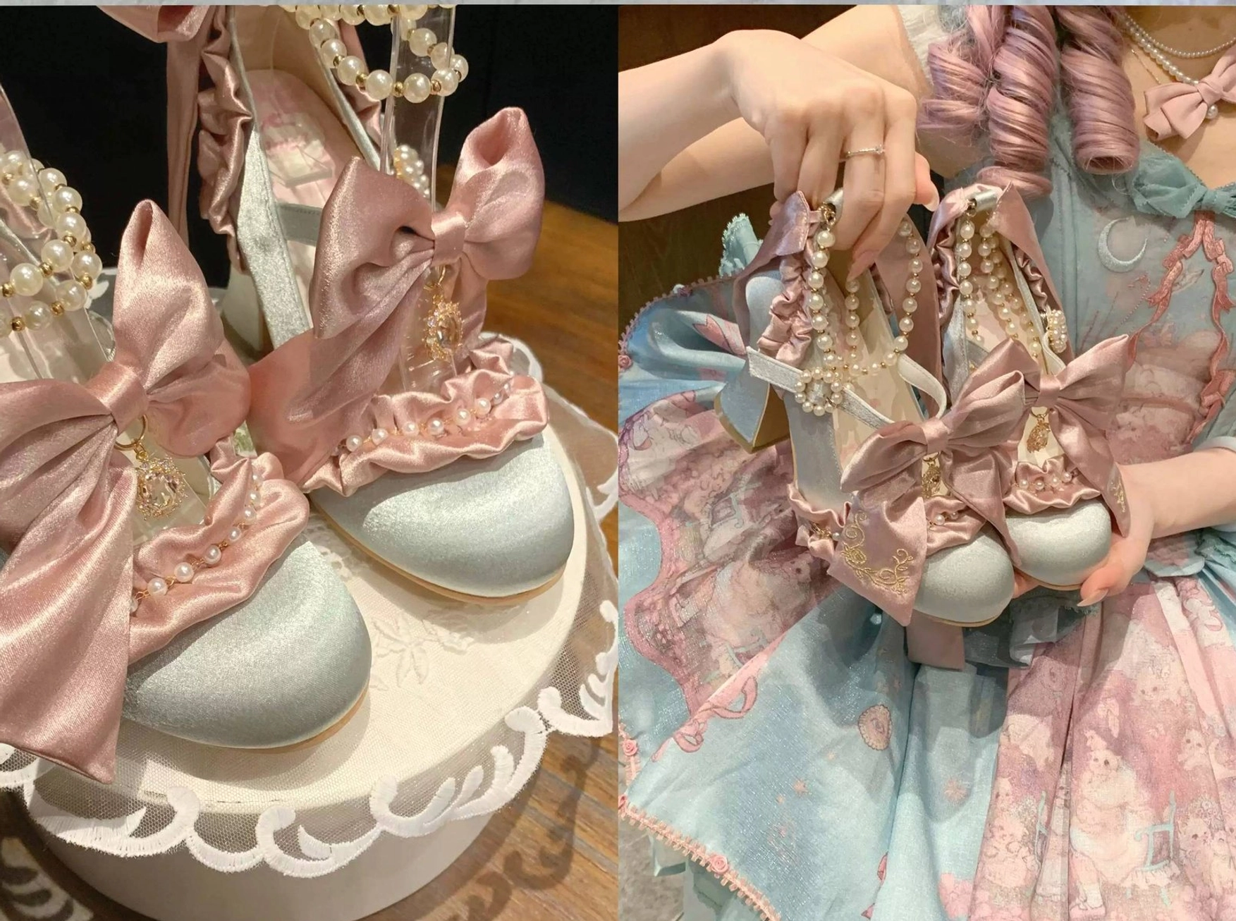 Two pairs of sky-blue Classic Lolita block heel shoes with pink satin bows and pearl ankle straps, split close-up and holding view, worn with blue-pink print Lolita dress glittery shoe upper
