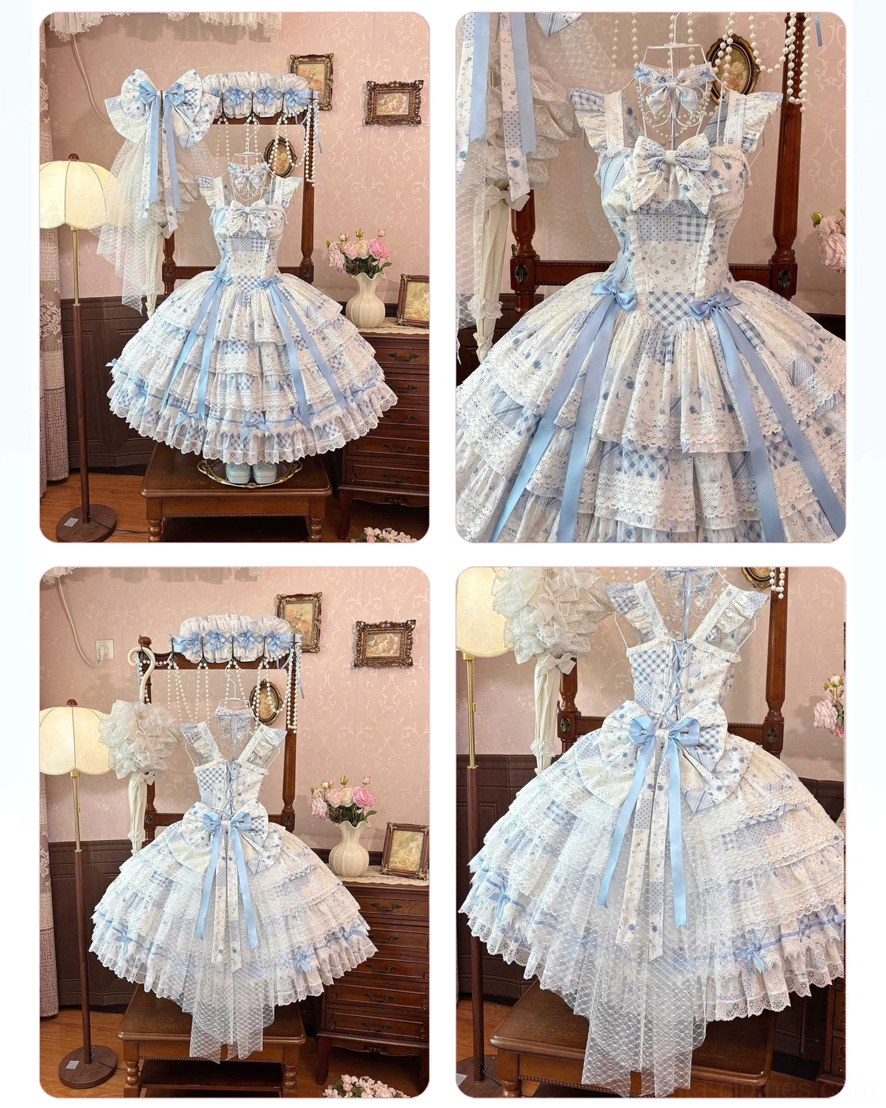 Sky blue floral lolita JSK dress collage showing front full-body, back view and side profile displays with blue satin trims and layered lace ruffle construction