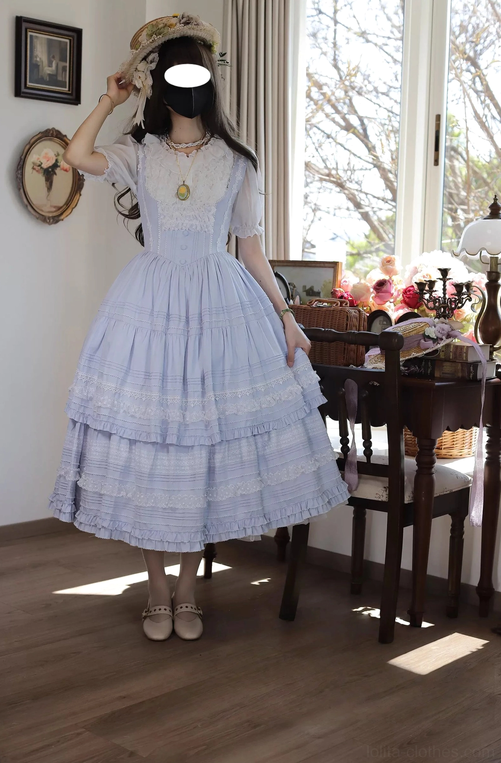 Sky-blue tiered ruffle lolita midi dress coordinate model wearing short puff sleeves lace trim layered skirt vintage dining room