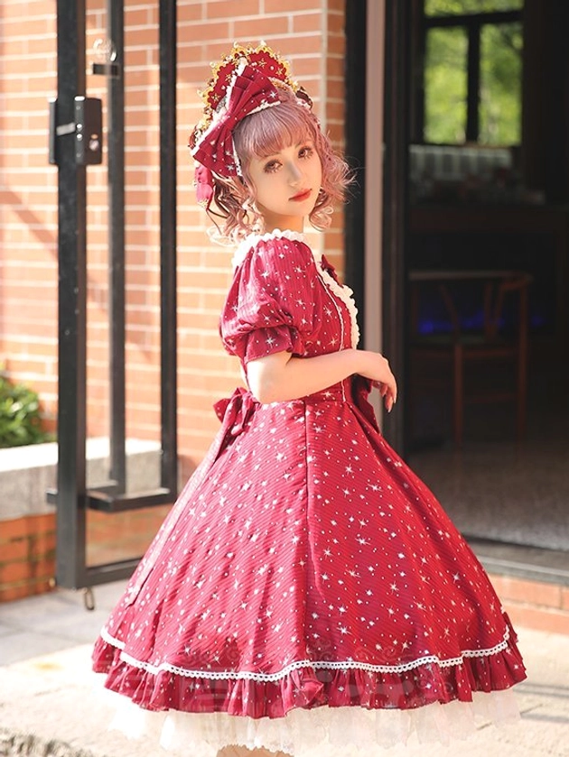 Sky blue lolita OP dress full-body front mannequin view puff sleeves square lace neckline fresh youthful summer aesthetic