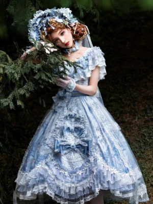 Sky blue royal lolita wedding JSK dress half-body close-up shot, showcasing ruffled short sleeves, tiered lace skirt, central front bow, embroidered floral patterns on jacquard fabric with pine forest background