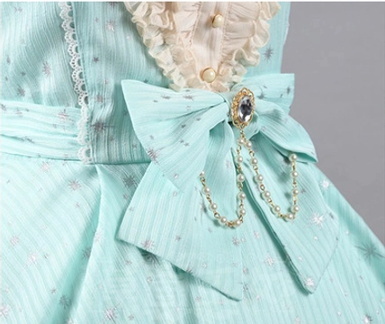 Sky blue silver foil printed lolita OP dress celestial star motif full-body view elegant summer lolita aesthetic romantic design